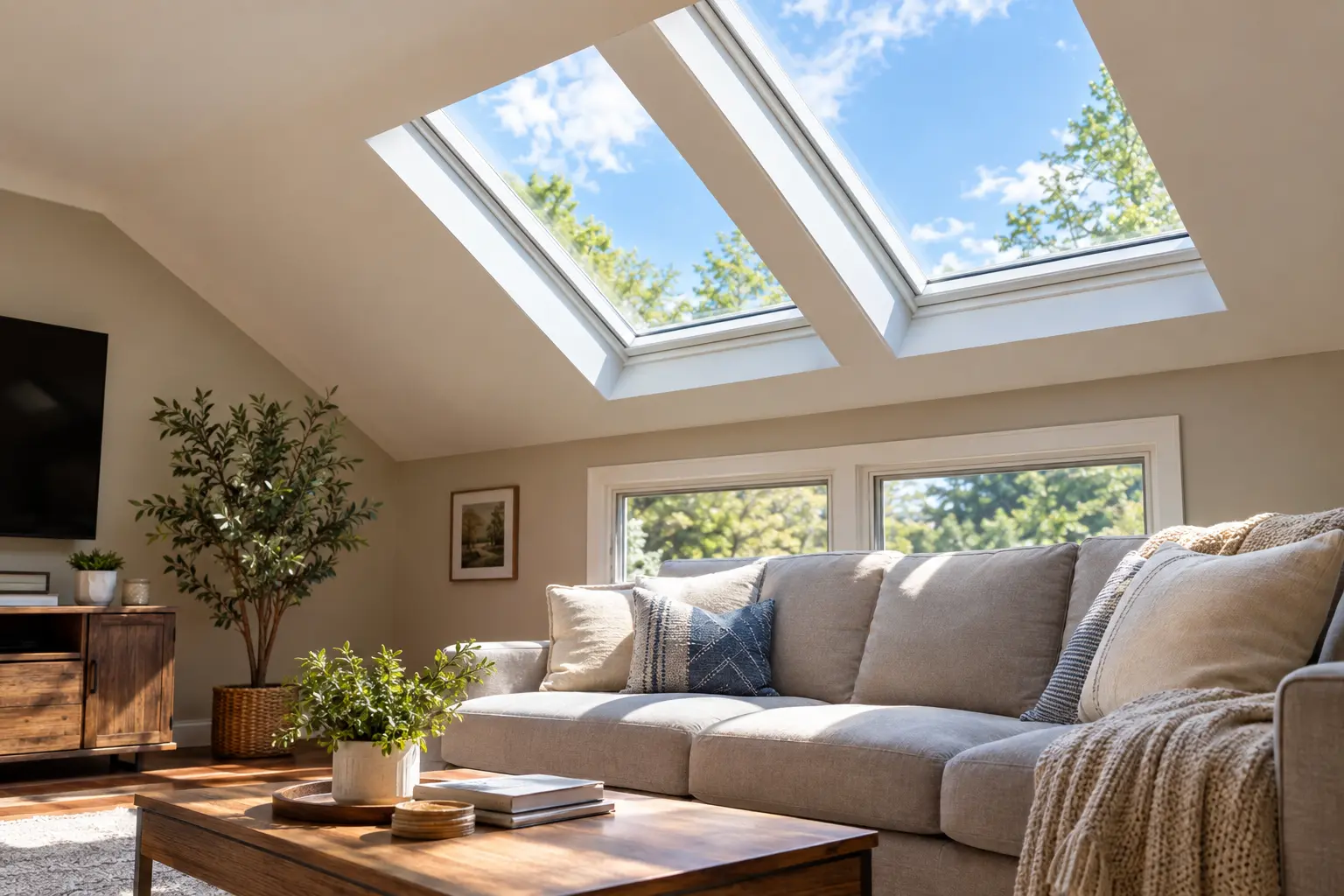 Newly installed skylight on residential roof with flashing sealed around frame