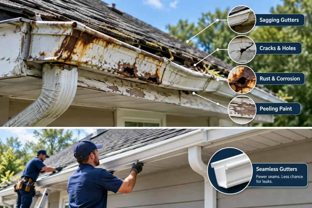 Old sagging and rusted gutters compared with newly installed seamless gutters