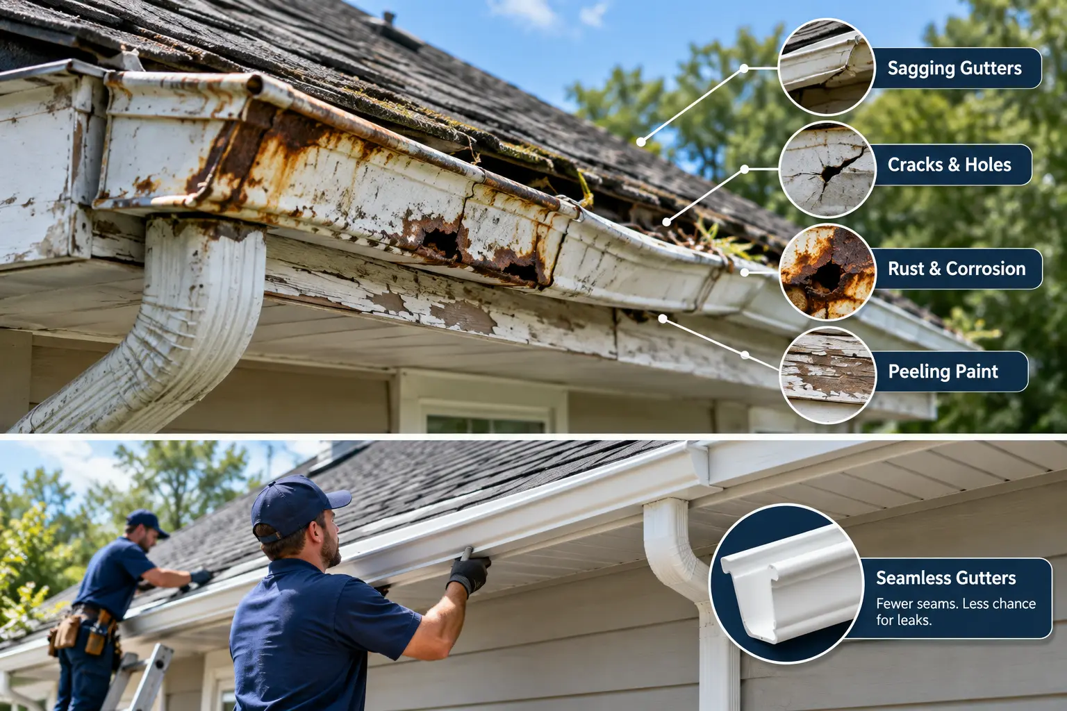 Old sagging and rusted gutters compared with newly installed seamless gutters