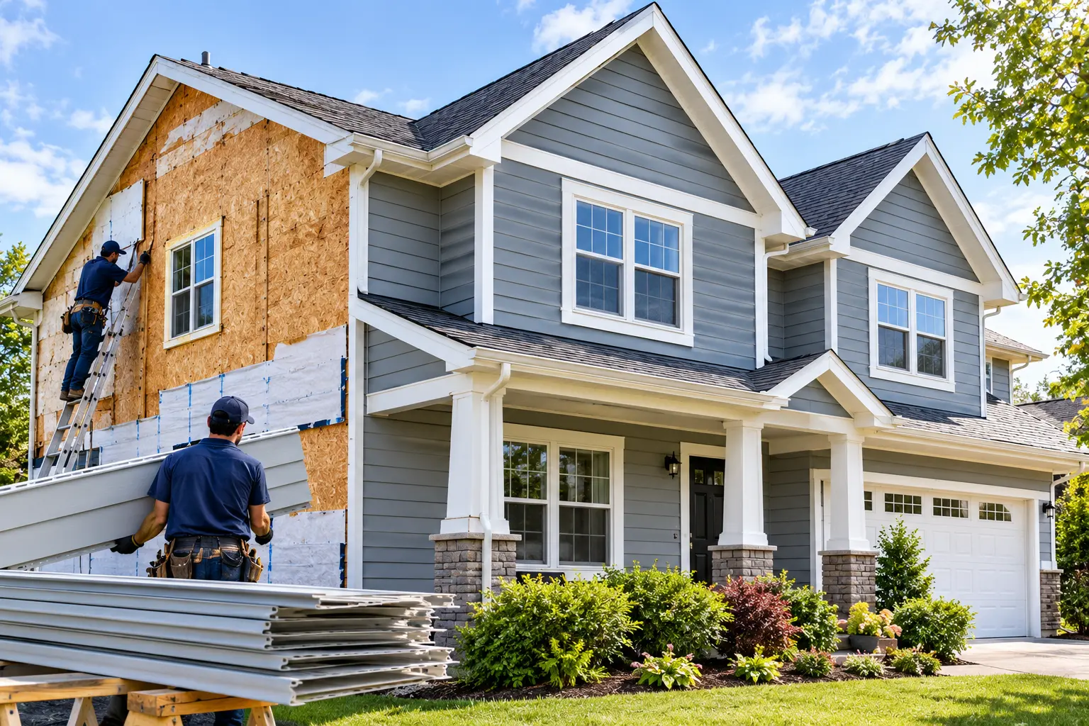 Home siding replacement process showing old siding removal and new siding installation