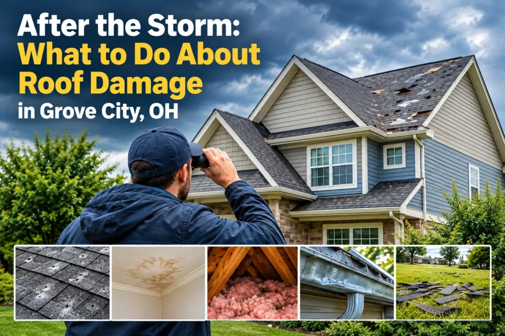 Storm-damaged roof in Grove City, OH, with missing shingles and hail damage after a severe storm. Copy alt text