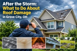 Storm-damaged roof in Grove City, OH, with missing shingles and hail damage after a severe storm. Copy alt text