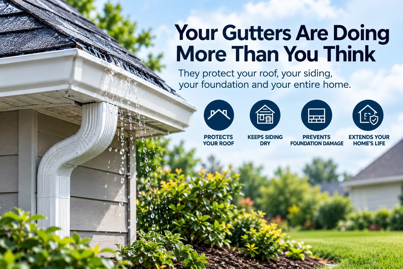 White rain gutter and downspout directing rainwater away from a home to help protect the roof, siding, and foundation.