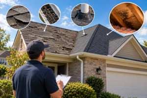 Image Alt Text: Roof inspector checking damaged shingles and signs of roof damage on a home in Grove City, Ohio